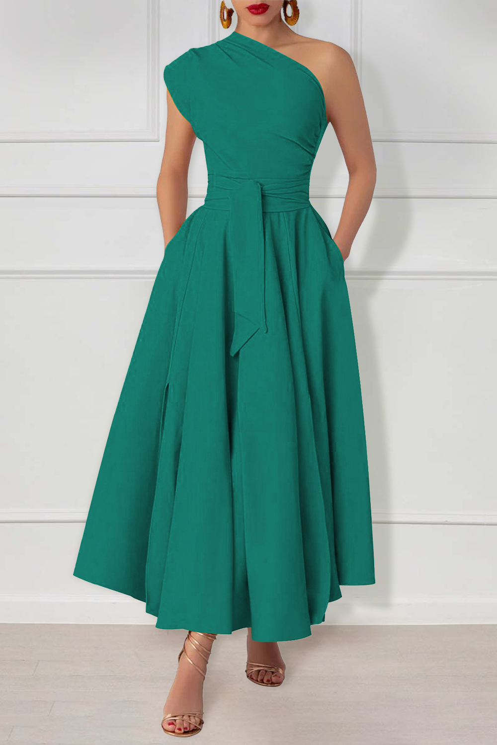 Knit One Shoulder Sleeveless Cinch Waist Solid Color Slit Midi Dresses-Green