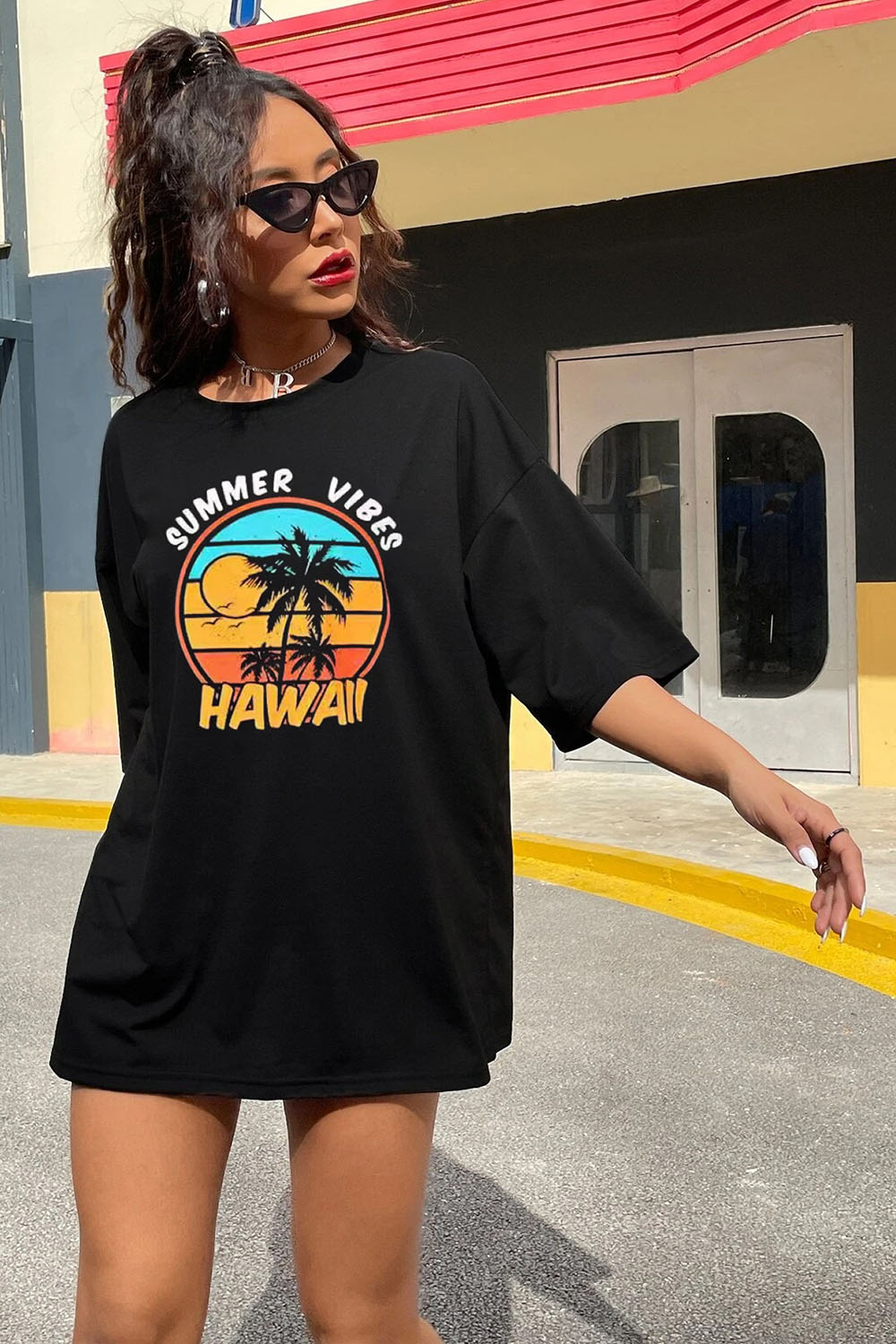 LORAGAL Hawaii Summer Vibes Print Short Sleeve Loose-Fit Casual T-Shirt-Black