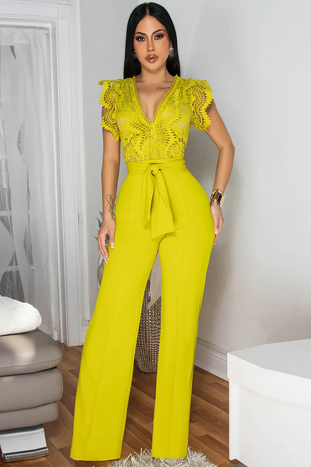 Hollow Out Pattern V Neck Tie Up Straight Leg Sleeveless Jumpsuit-Yellow