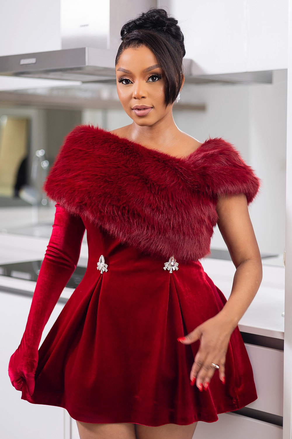 Off Shoulder Fuzzy Wrapped Rhinestone Pleated Party Velvet Mini Dresses-Red