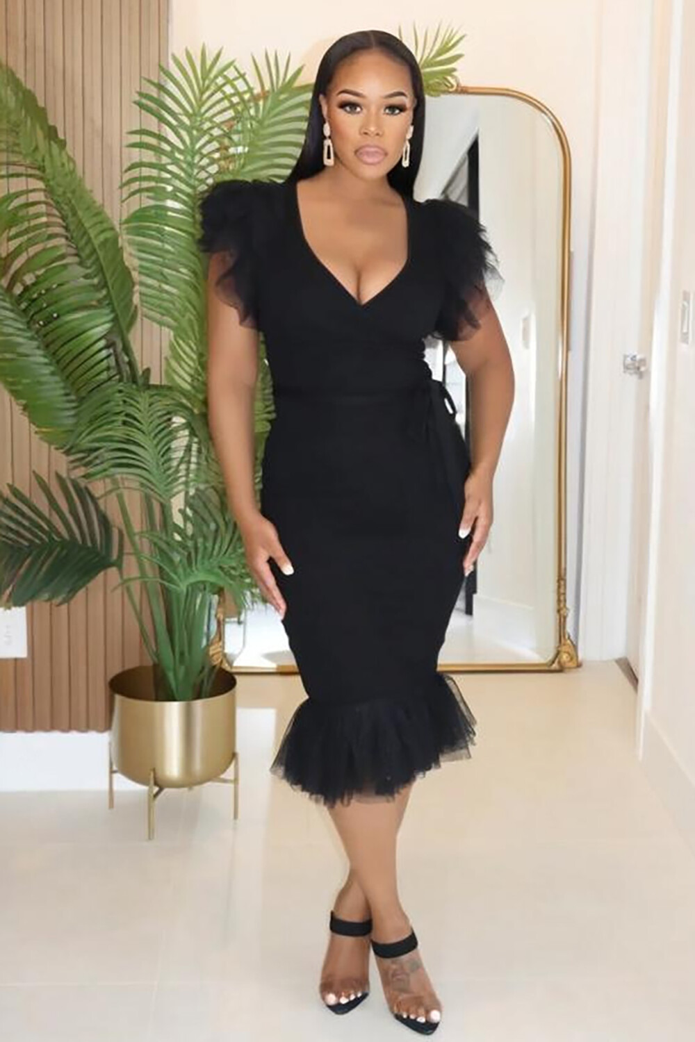 Tulle Patchwork Ruffled V Neck Tie Belted Bodycon Knit Midi Dresses-Black