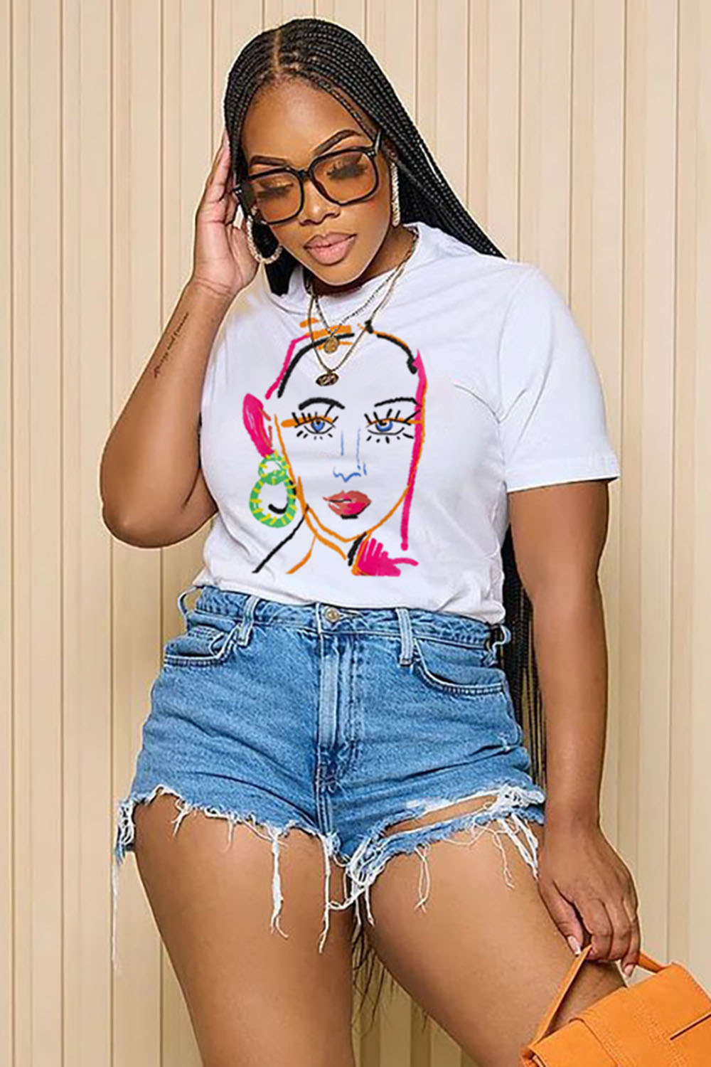 LORAGAL Sketch Portrait Print Crew Neck Short Sleeve Casual T-Shirt-White