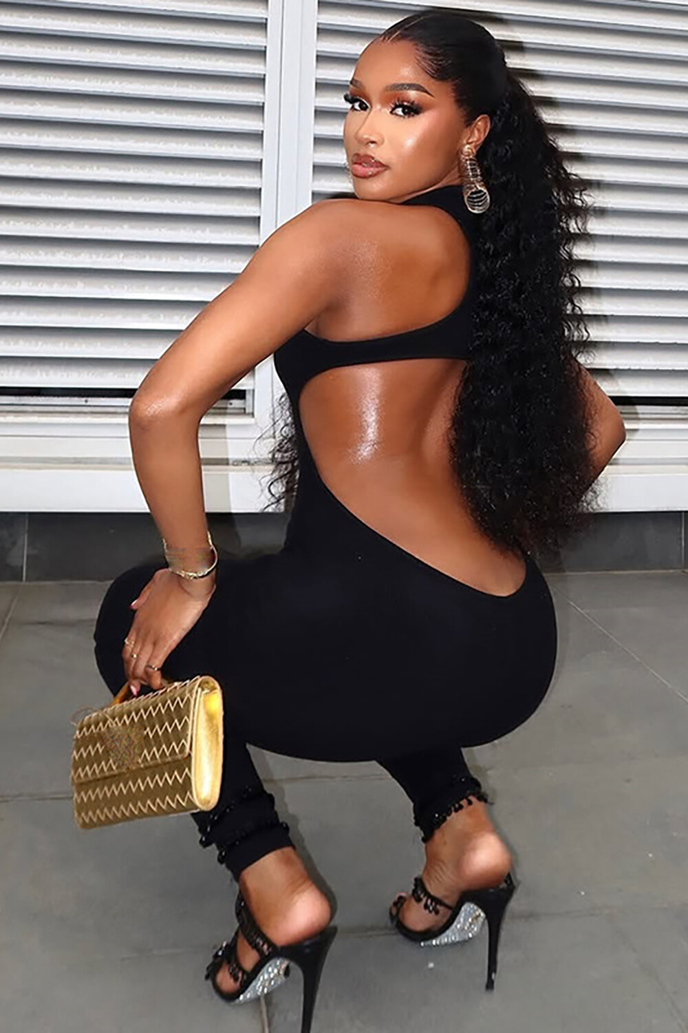 Cutout Sleeveless Stand Collar Backless Solid Color Skinny Jumpsuit-Black