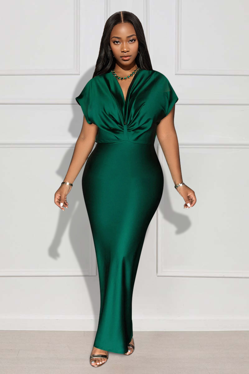 Elegant Ruched V Neck Dropped Shoulder Formal Party Bodycon Satin Maxi Dresses-Green
