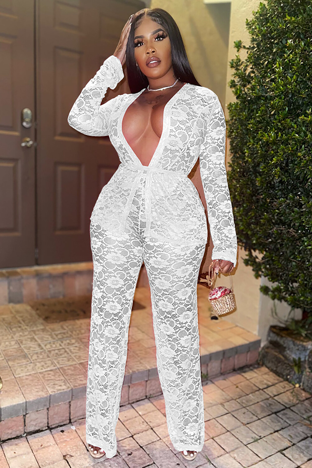 Floral Lace Deep V Neck Long Sleeve Top Straight Leg Pants 2pcs Set-White
