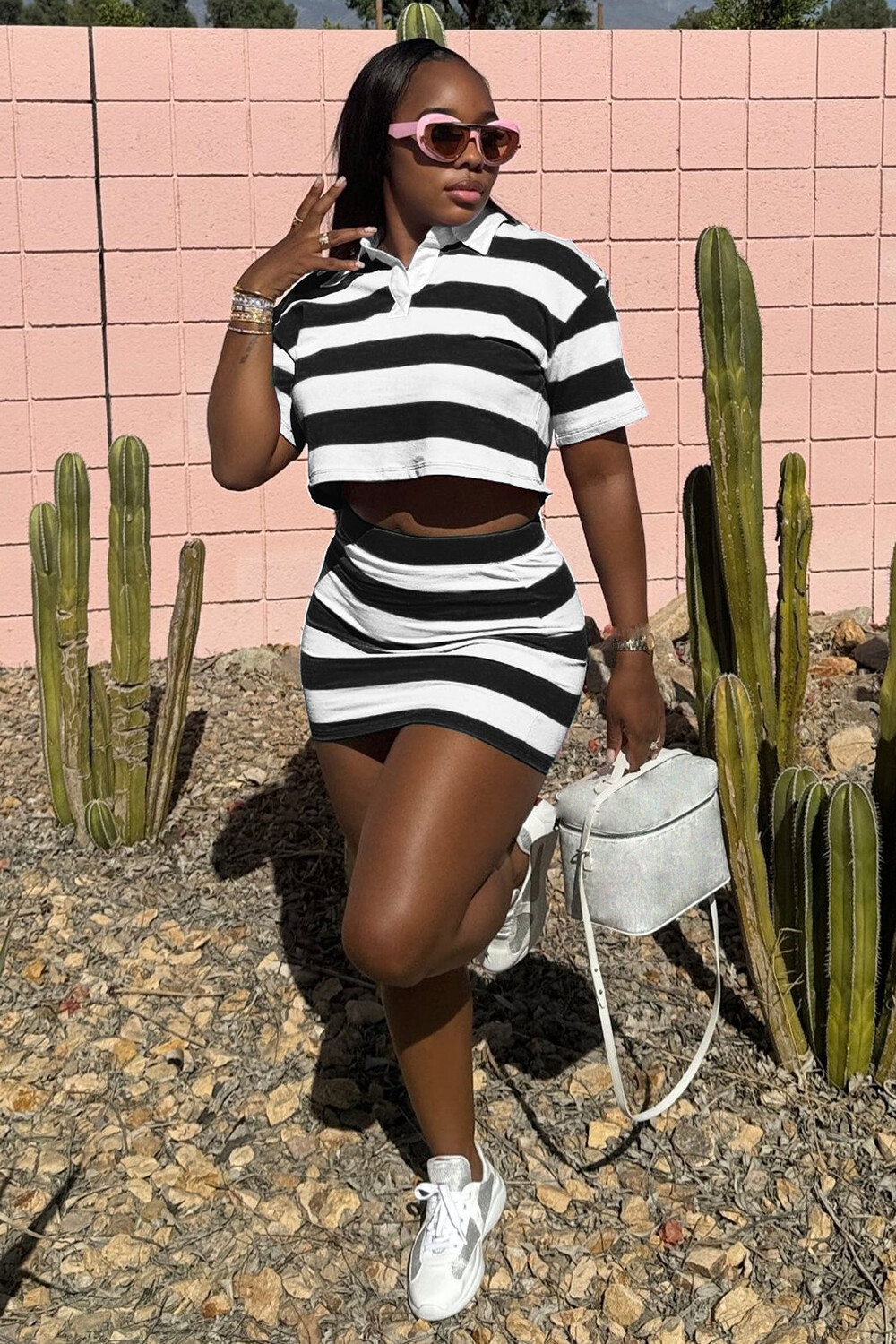 Striped Print Short Sleeve Crop Polo Shirt Bodycon Mini Skirt 2pcs Set-Black