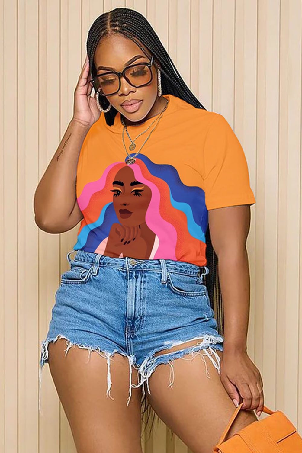 LORAGAL Colorful Hair Black Girl Print Short Sleeve Casual T-Shirt-Orange