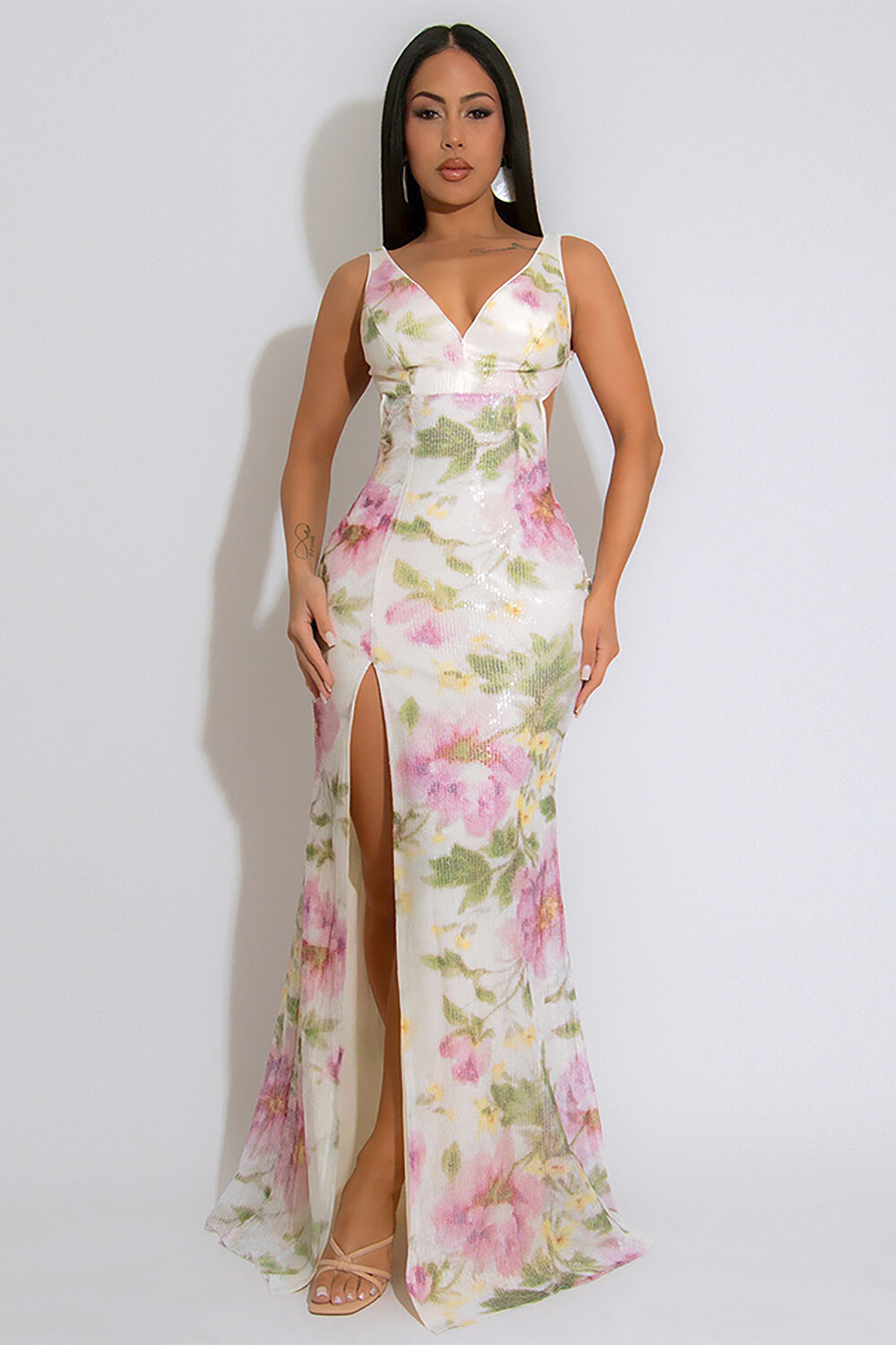 Sequin Floral Pattern V Neck Backless Slit Sleeveless Maxi Dresses-White