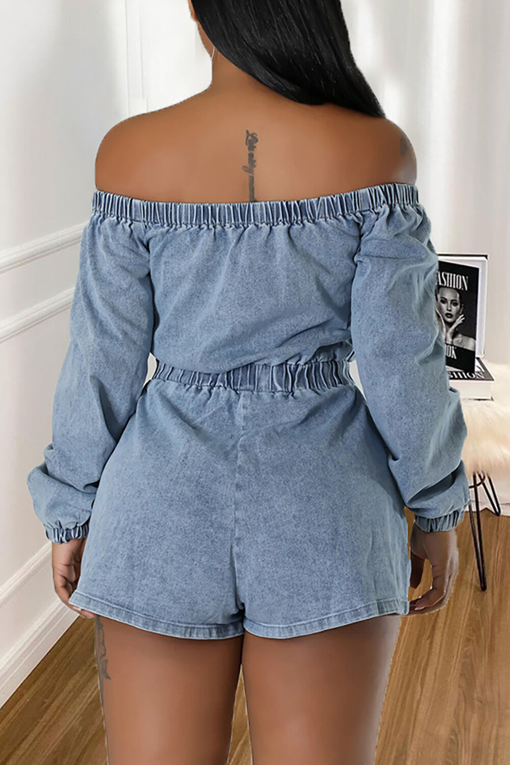 Denim Off Shoulder Long Sleeve Pockets Tie Up Cinch Waist Playsuit Romper-Blue
