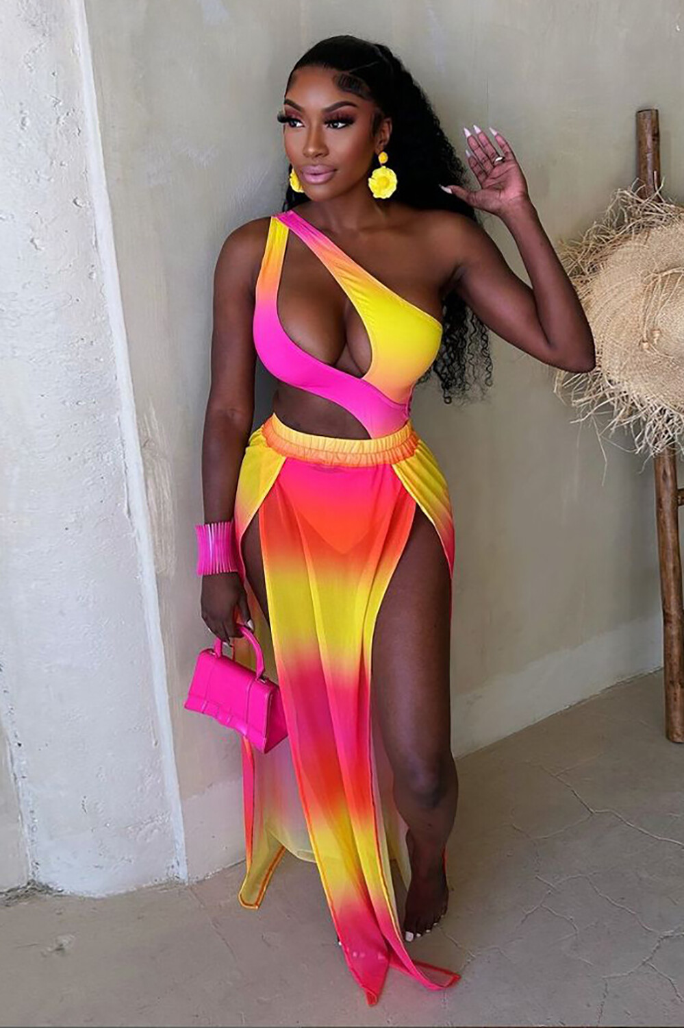 Gradient Color Cutout One Shoulder Bodysuit Slit Maxi Skirt 2pcs Set-Yellow
