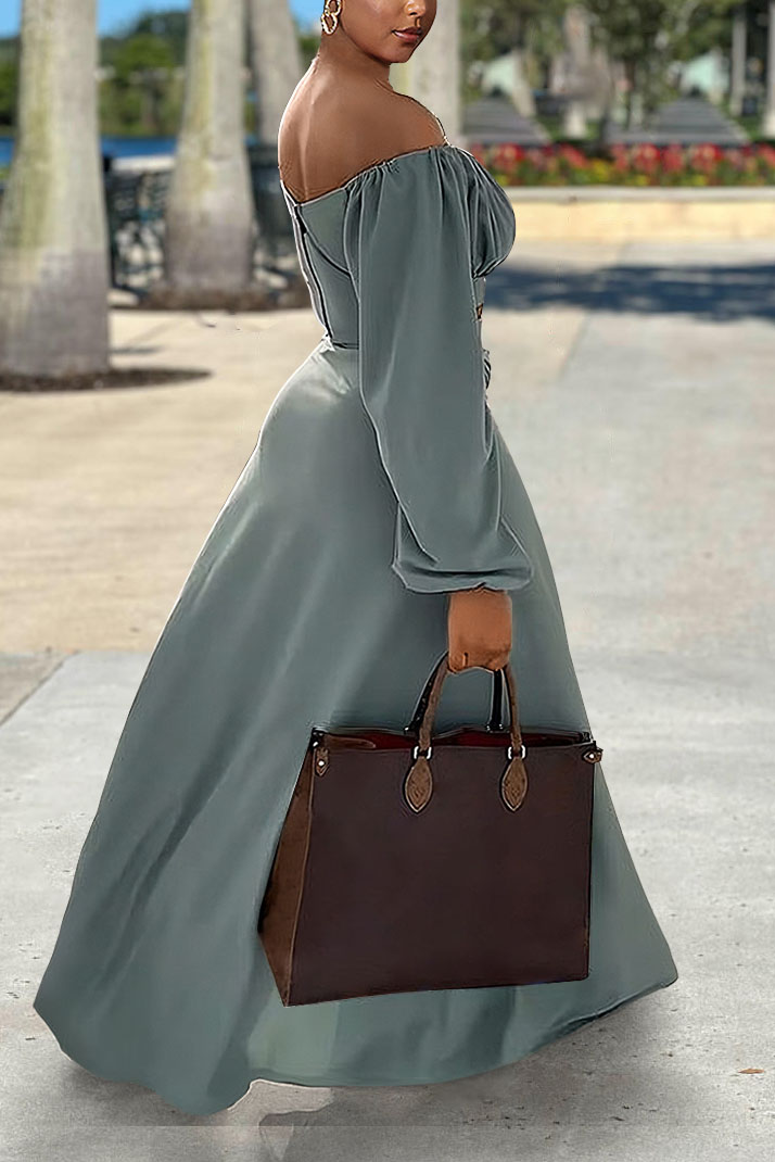 Off Shoulder Long Sleeve Ruched Crop Top High Slit Maxi Skirt Matching Set-Blue
