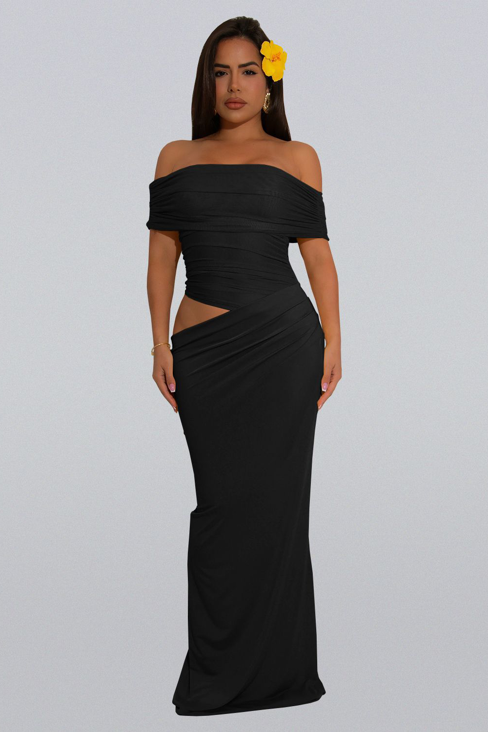 Off Shoulder Ruched Mesh Patchwork Cutout Slim Fit Plain Maxi Dresses-Yellow