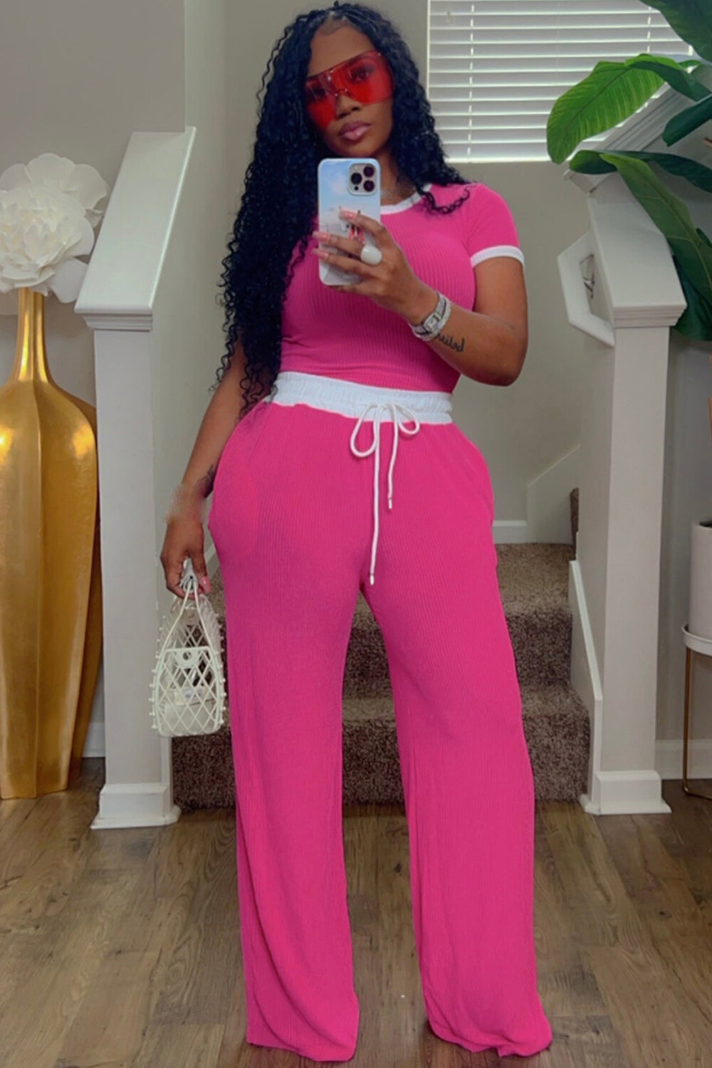 Knit Colorblock Short Sleeve Top Tie Up Wide Leg Pants Casual 2pcs Set-Pink