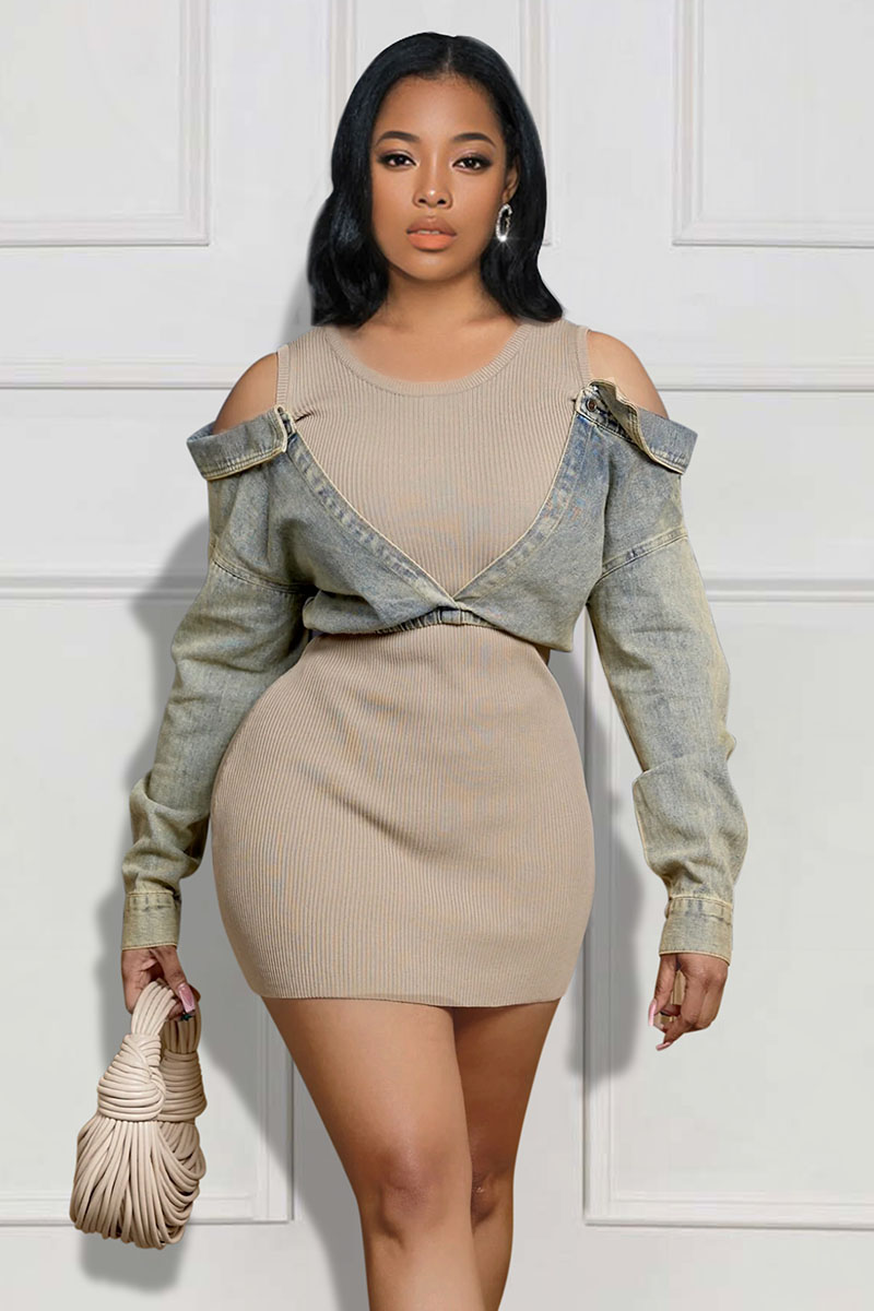 Cold Shoulder Denim Patchwork Long Sleeve Pit Knit Bodycon Mini Dresses-Khaki
