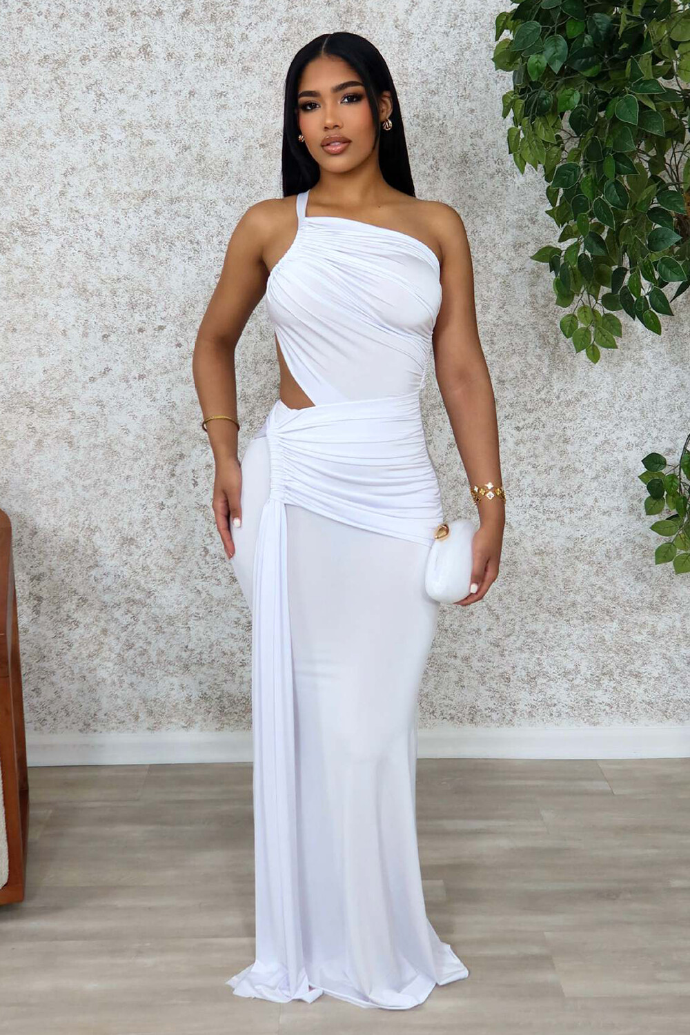 Sleeveless One Shoulder Cutout Ruched Solid Color Bodycon Maxi Dresses-White