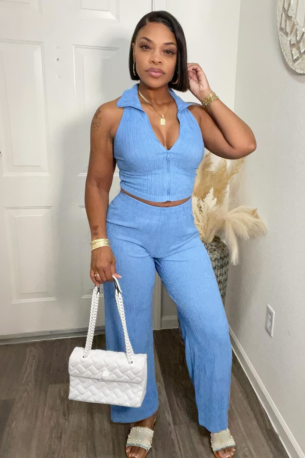 Sleeveless Turndown Collar Zipper Top Plain High Waist Pants 2pcs Set-Blue
