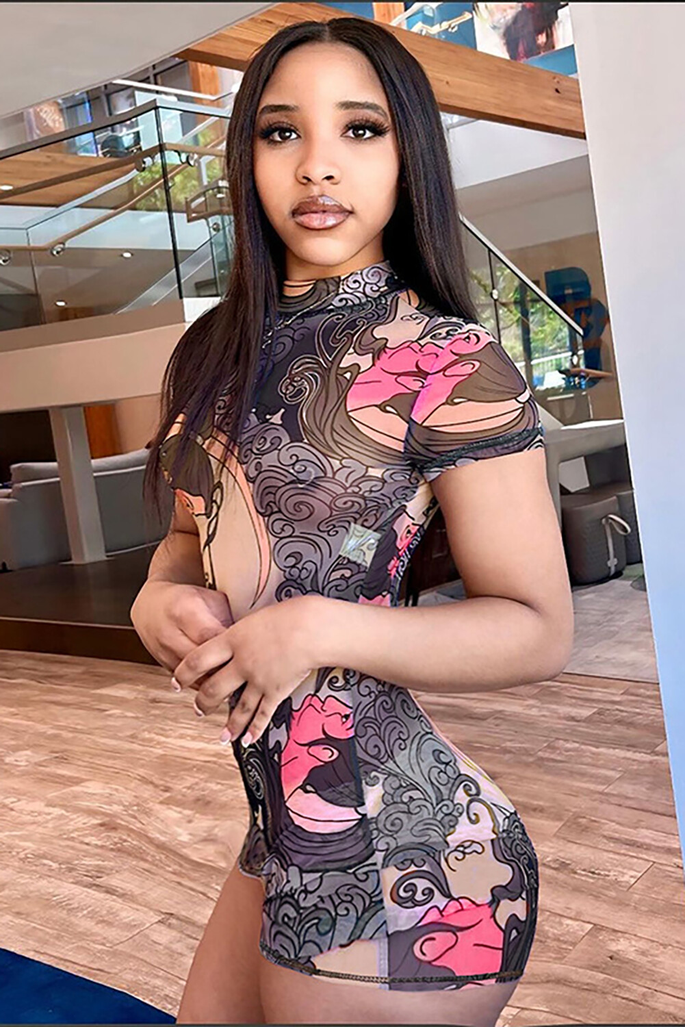 Abstract Print Mock Neck Short Sleeve Open Back Skinny Playsuit Romper-Pink