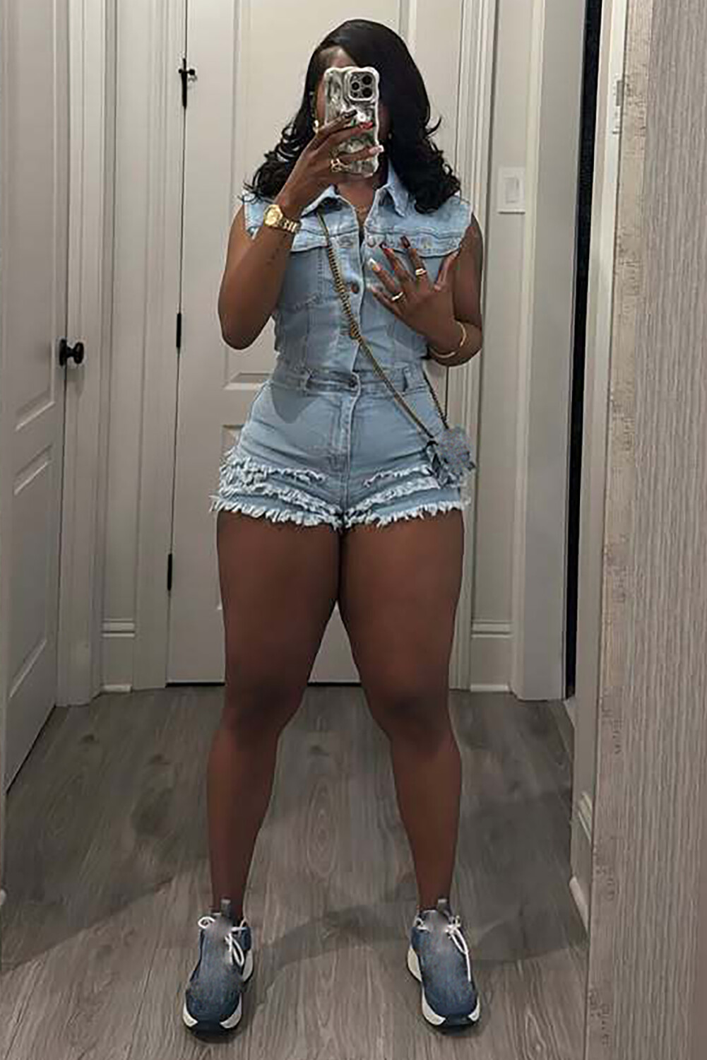 Sleeveless Turndown Collar Button Up Denim Raw Edge Playsuit Romper-Blue