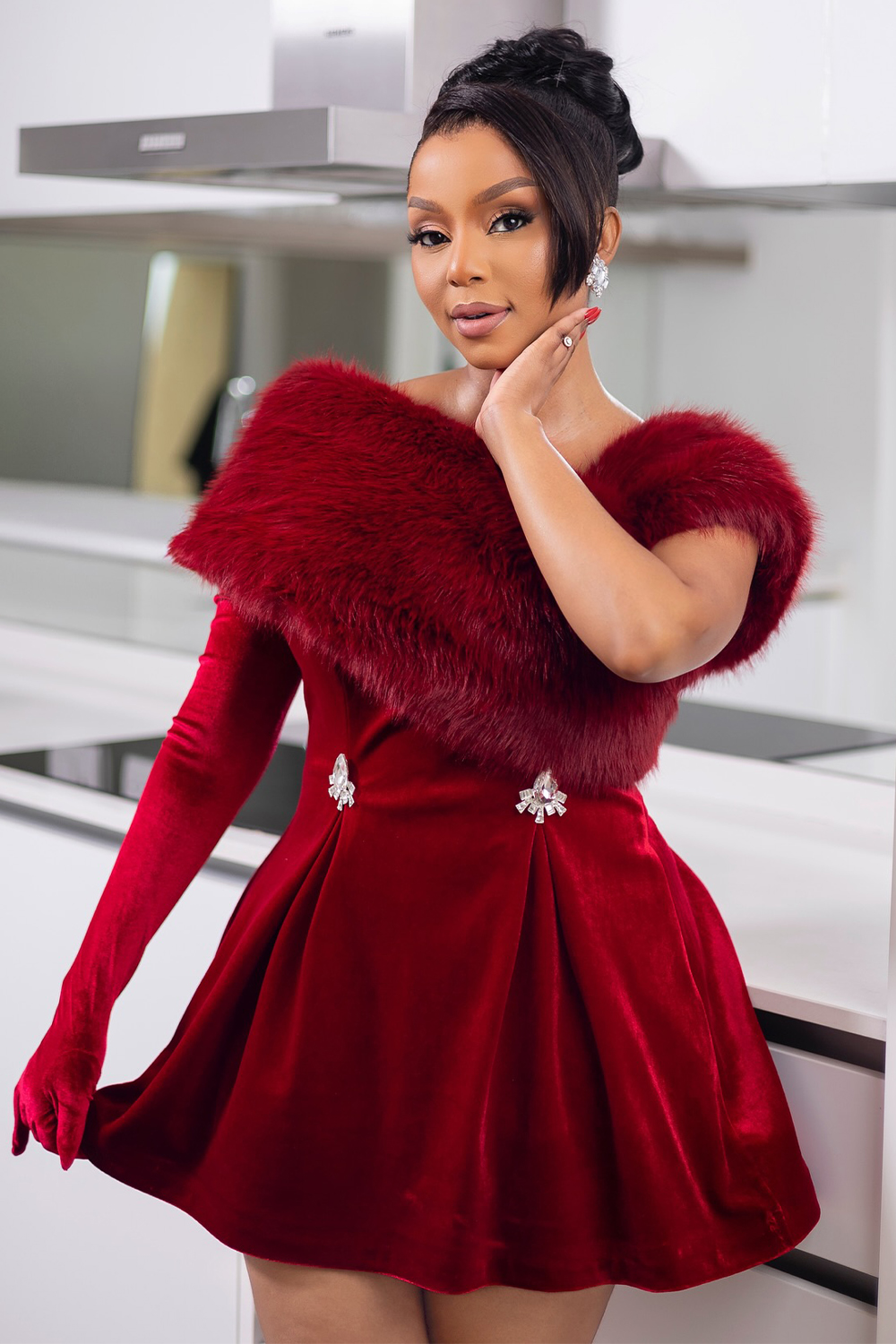 Off Shoulder Fuzzy Wrapped Rhinestone Pleated Party Velvet Mini Dresses-Red