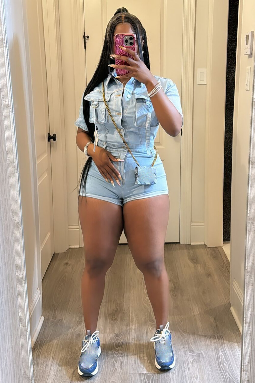 Turndown Collar Short Sleeve Button Up Pockets Denim Playsuit Romper-Blue