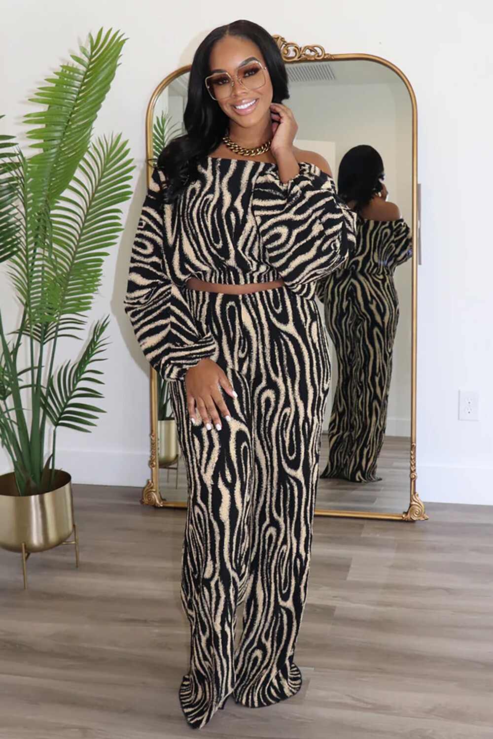 Abstract Striped Print Off Shoulder Crop Top Wide Leg Pants 2pcs Set-Black