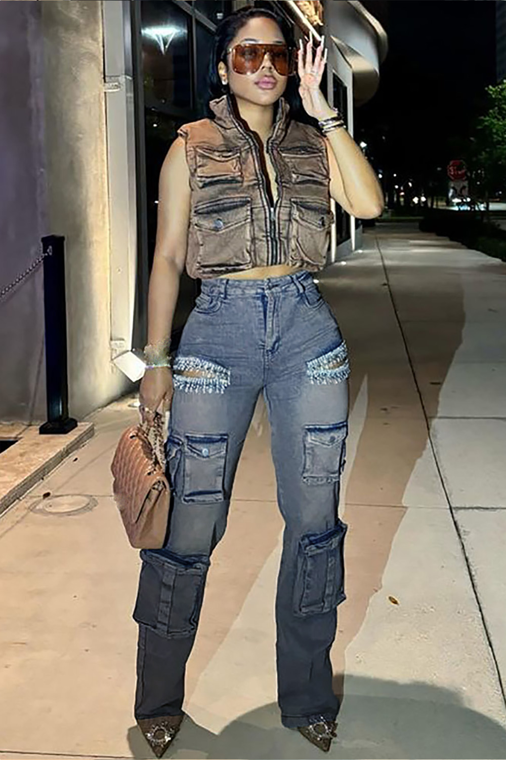 Denim High Waist Cutout Fringed Rhinestone Decor Pockets Cargo Jeans-Blue