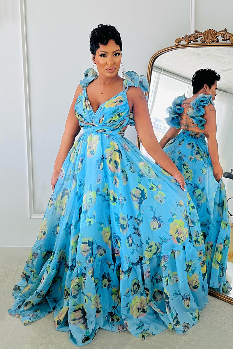 V Neck Ruffle Lace Up Cinch Waist Floral Print Wedding Guest Vacation Maxi Dresses-Blue