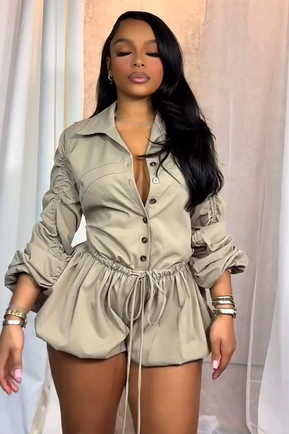 Turndown Collar Long Sleeve Button Up Tie Up Plain Playsuit Romper-Khaki