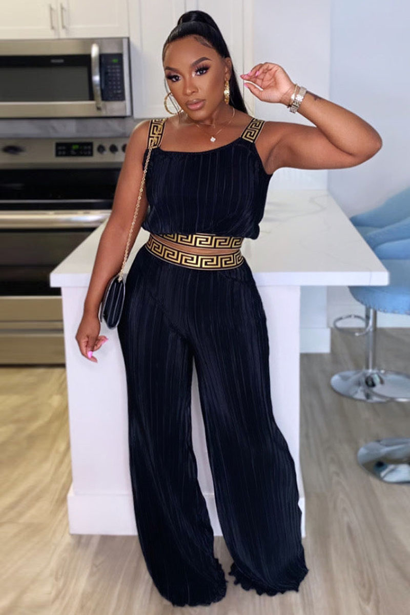 Pattern Print Pleated Sleeveless Crop Top High Waist Wide Leg Pants Matching Set