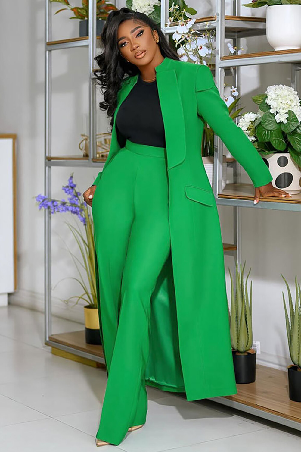 Turndown Collar Solid Color Long Blazer High Waist Pants 2pcs Set-Green