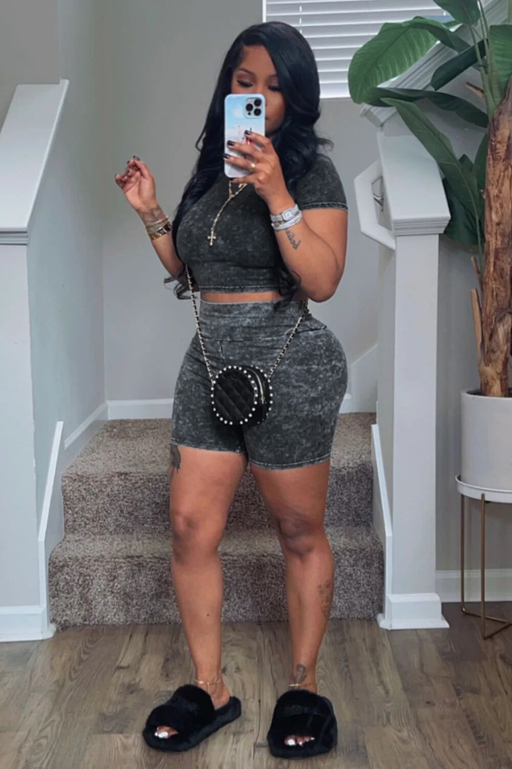 Distressed Design Short Sleeve Crop T-shirt High Waist Shorts 2pcs Set-Grey