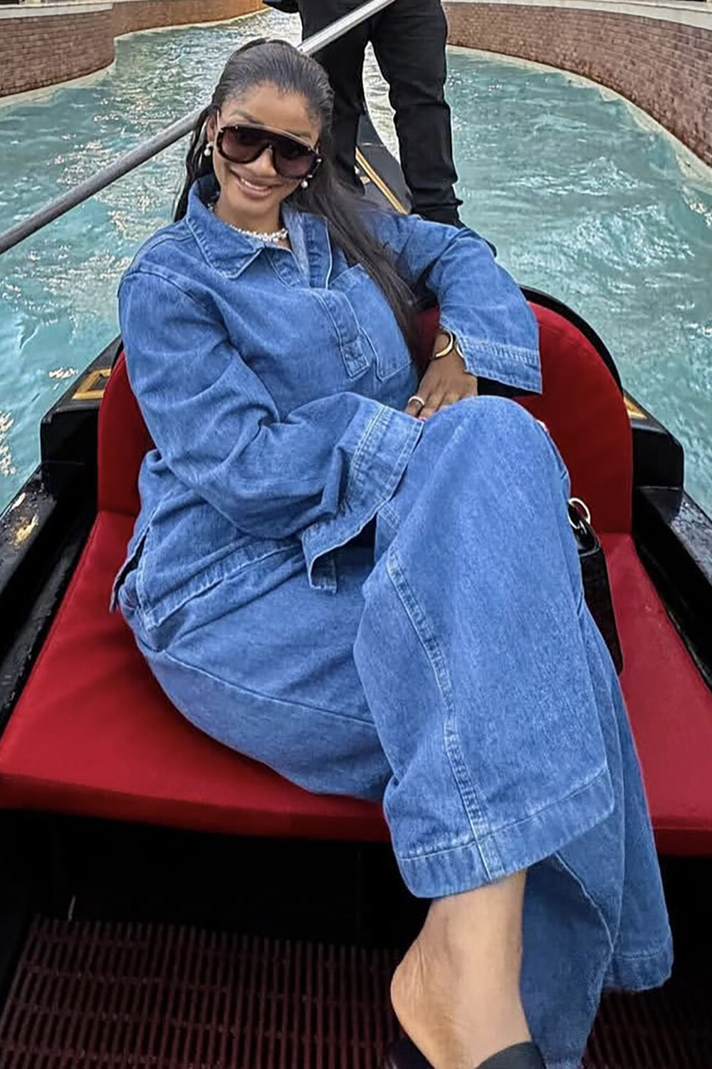 Denim Turndown Collar Long Sleeve Blouse Straight Leg Jeans 2pcs Set-Blue