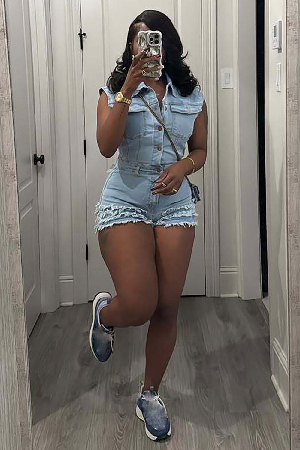 Sleeveless Turndown Collar Button Up Denim Raw Edge Playsuit Romper-Blue