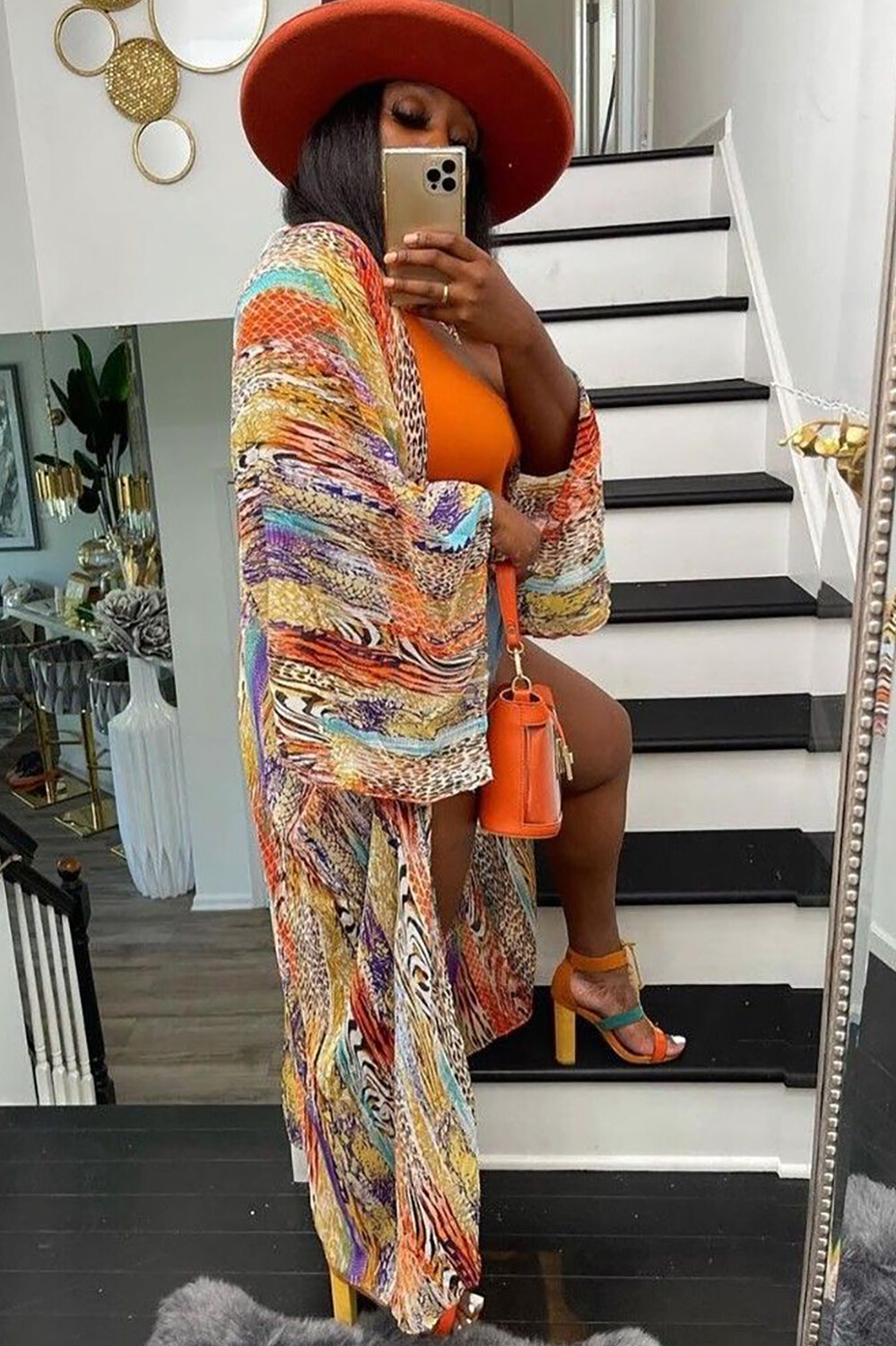 Multicolor Mixed Print Wide Sleeve Vacation Chiffon Long Cardigan-Multicolor