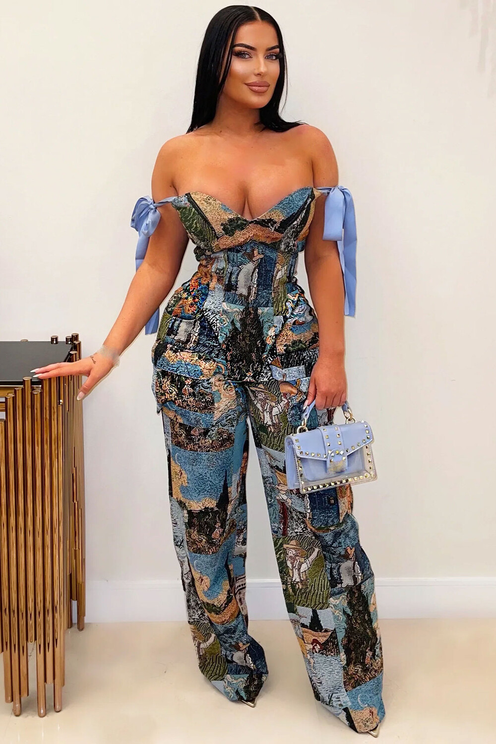 Oil Painting Print Draped Tie Up Straps Bodysuit Pockets Pants 2pcs Set-Blue