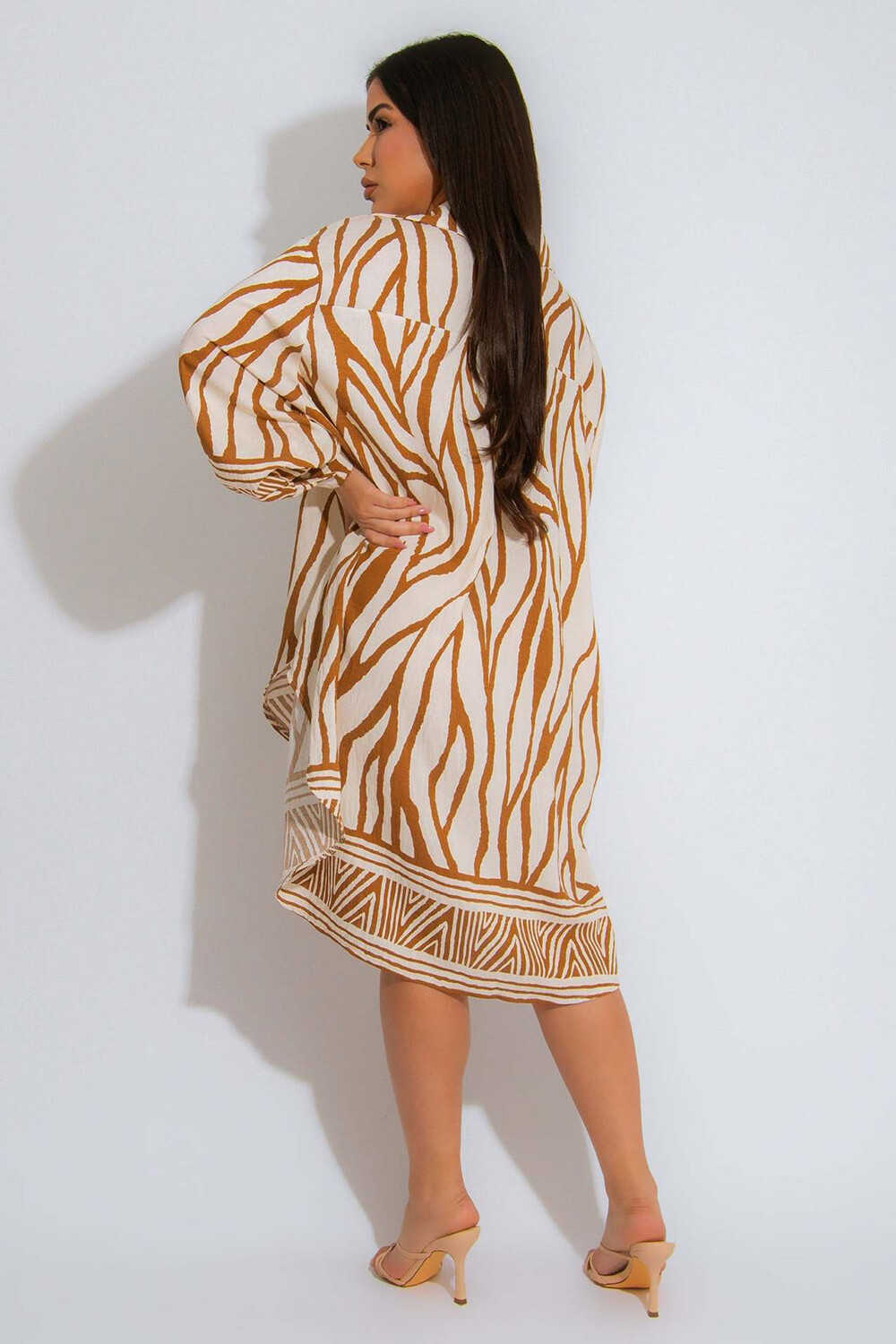 Abstract Striped Print Long Sleeve High-Low Hem Midi Shirt Dresses-Orange