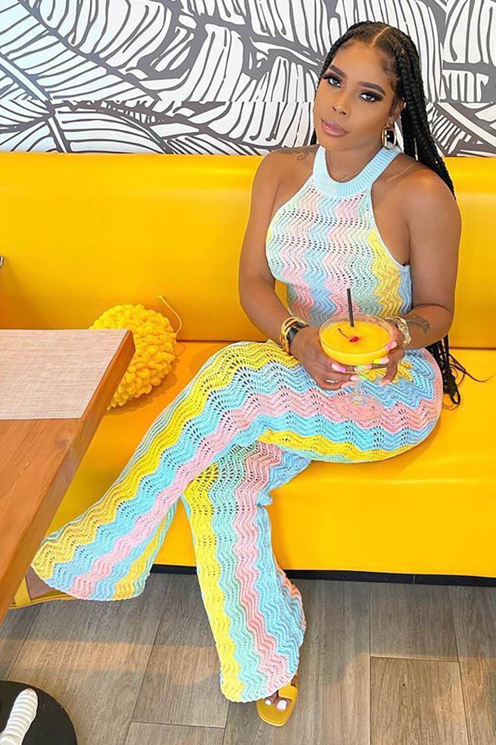 Knit Colorblock Wavy Striped Sleeveless Crop Top Flared Pants 2pcs Set-Yellow