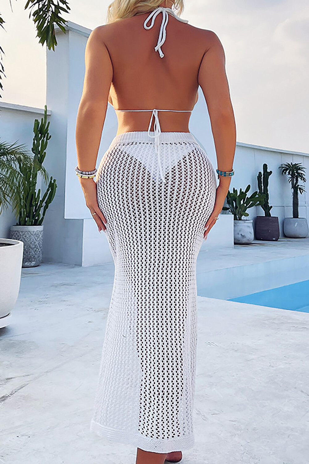 Knit Halterneck Crop Top Cover Ups Side Cutout Slit Midi Skirt 2pcs Set-White