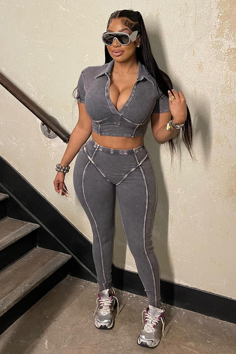 Deep V Neck Short Sleeve Crop Top Plain Textured Slim Fit Pants 2pcs Set-Grey