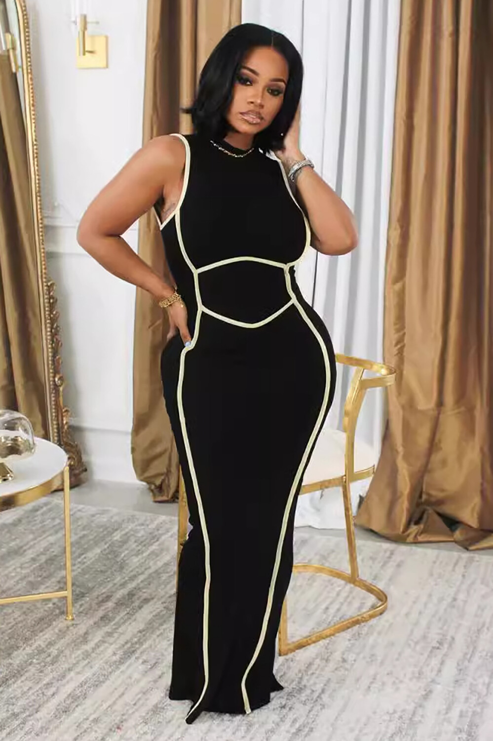 Contrast Piping Stand Collar Sleeveless Back Slit Knit Maxi Dresses-Black