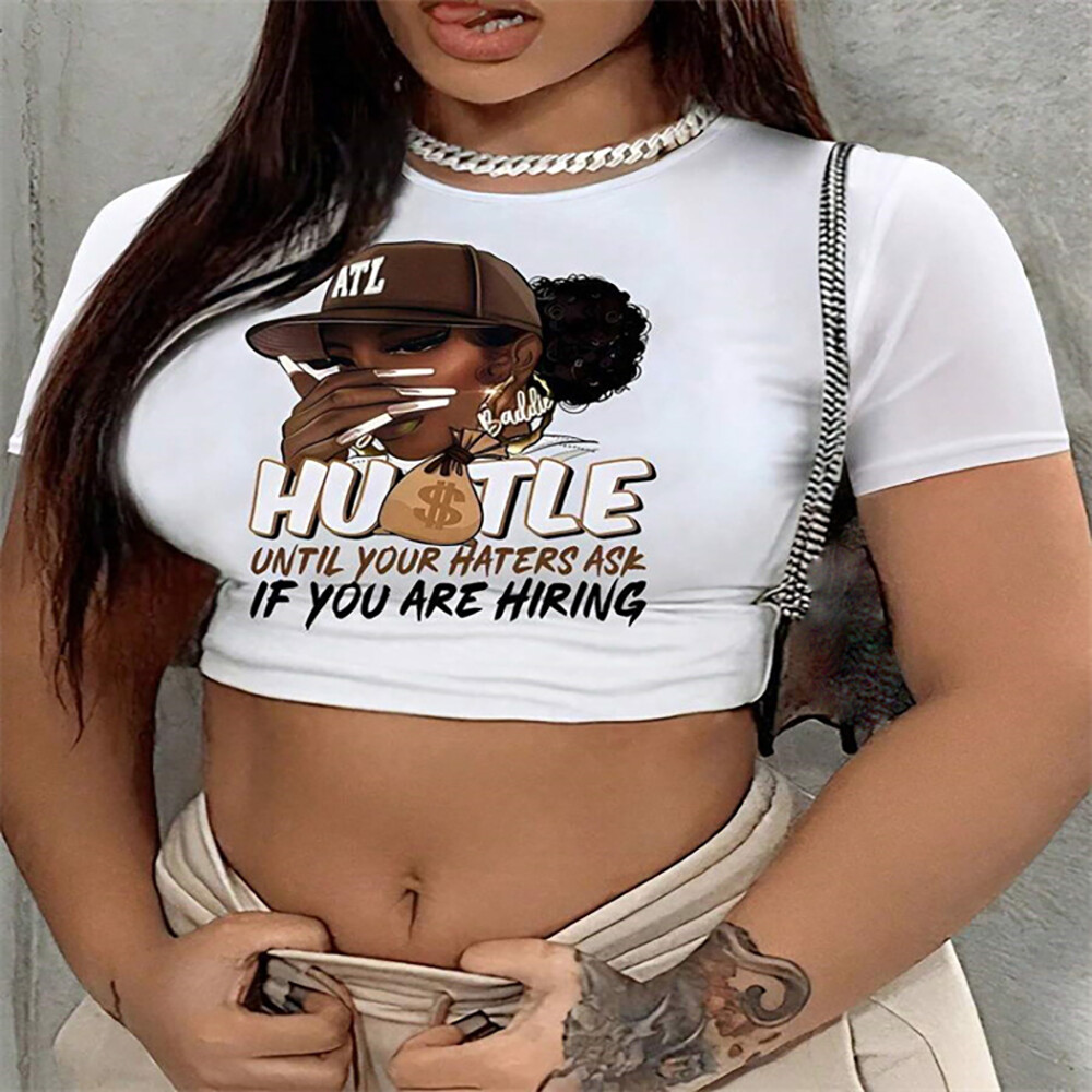 Letter Portrait Print Round Neck Short Sleeve Slim Fit Crop T-shirt-White