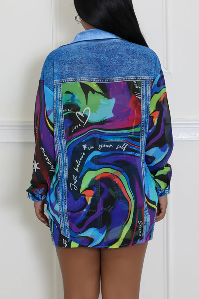 Denim Pattern Mixed Print Long Sleeve Blouse Mini Skirt Matching Set-Blue