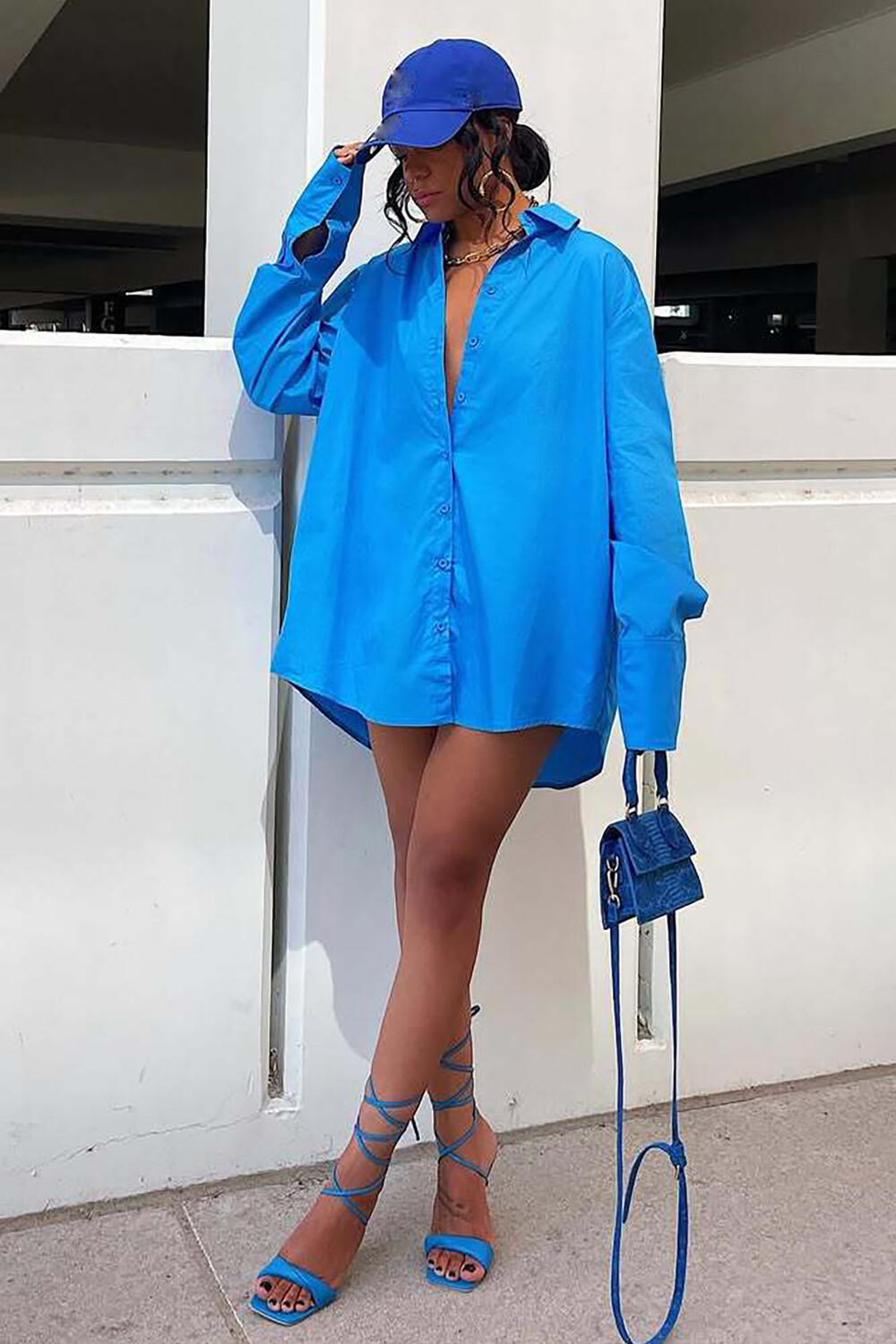 Solid Color Long Sleeve Turndown Collar Loose Fit Mini Shirt Dresses-Blue