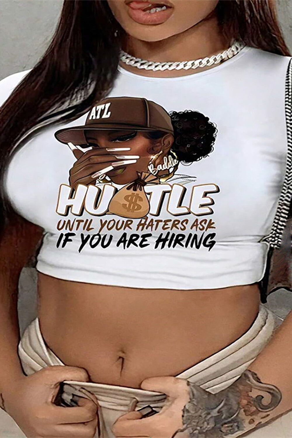 Letter Portrait Print Round Neck Short Sleeve Slim Fit Crop T-shirt-White