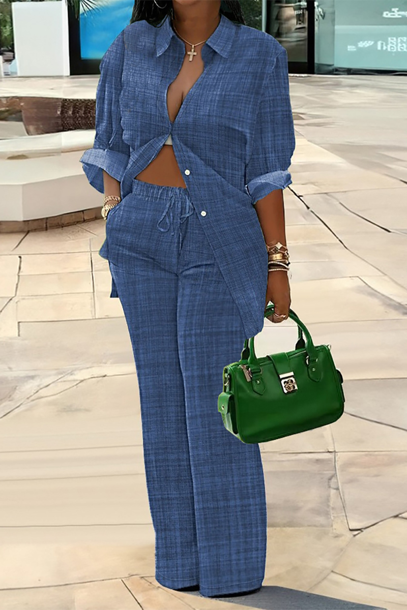 Multicolored Plaid Button Blouse High Waist Pocket Straight Leg Pants Matching Set