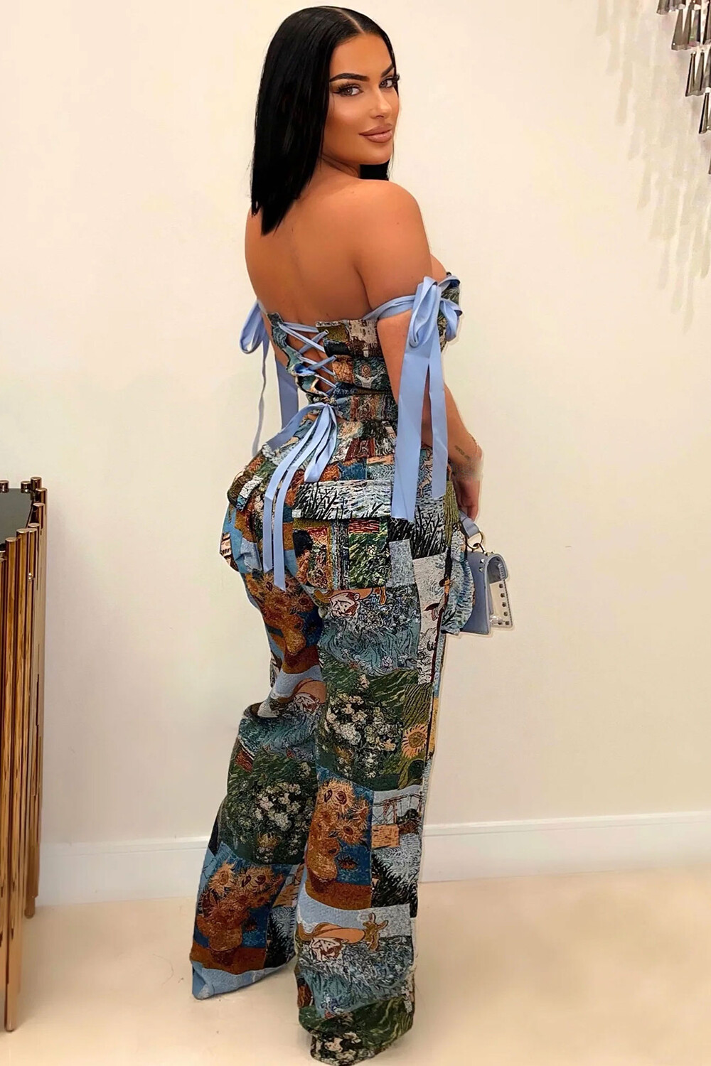 Oil Painting Print Draped Tie Up Straps Bodysuit Pockets Pants 2pcs Set-Blue