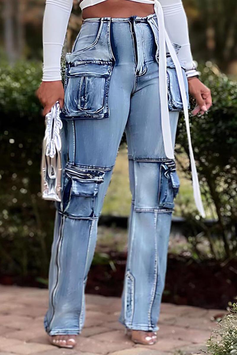 Vintage Washed Asymmetric Cargo Pockets Quilted Straight Leg Denim Pants-Blue