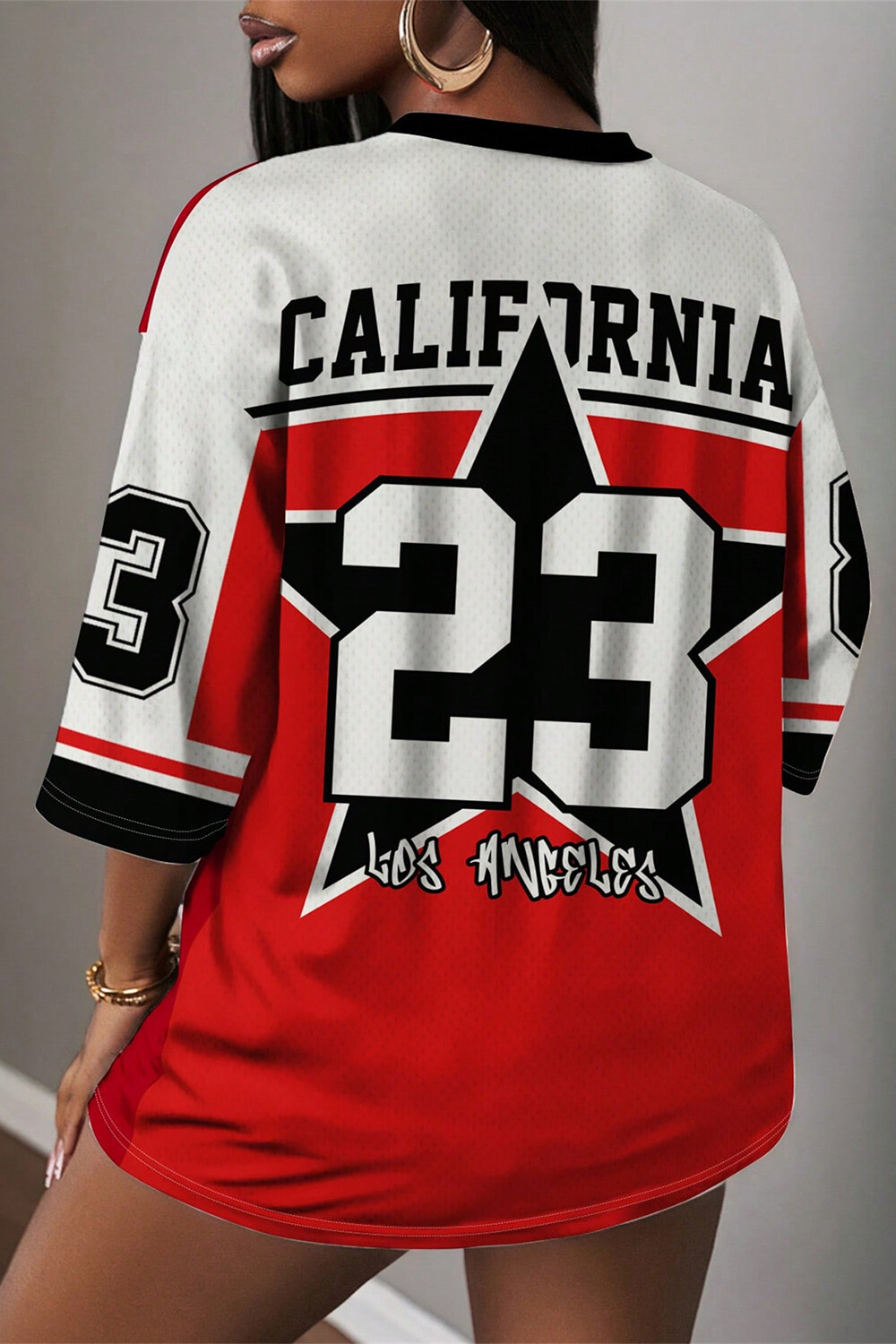 Letter Number Print V Neck Half Sleeve Colorblock Loose Fit T-shirt-White