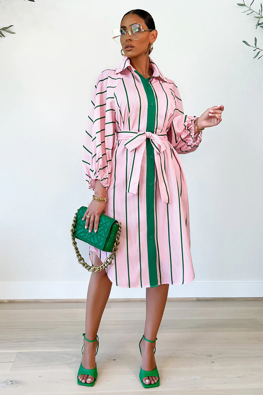 Striped Print Lantern Sleeve Tie Belt Colorblock Midi Shirt Dresses-Pink