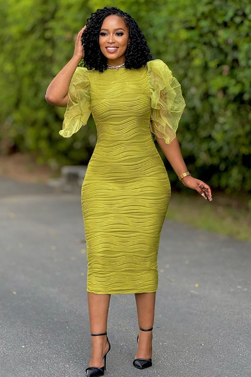 Tulle Patchwork Ruffled Sleeve Ripple Pattern Knit Bodycon Midi Dresses-White